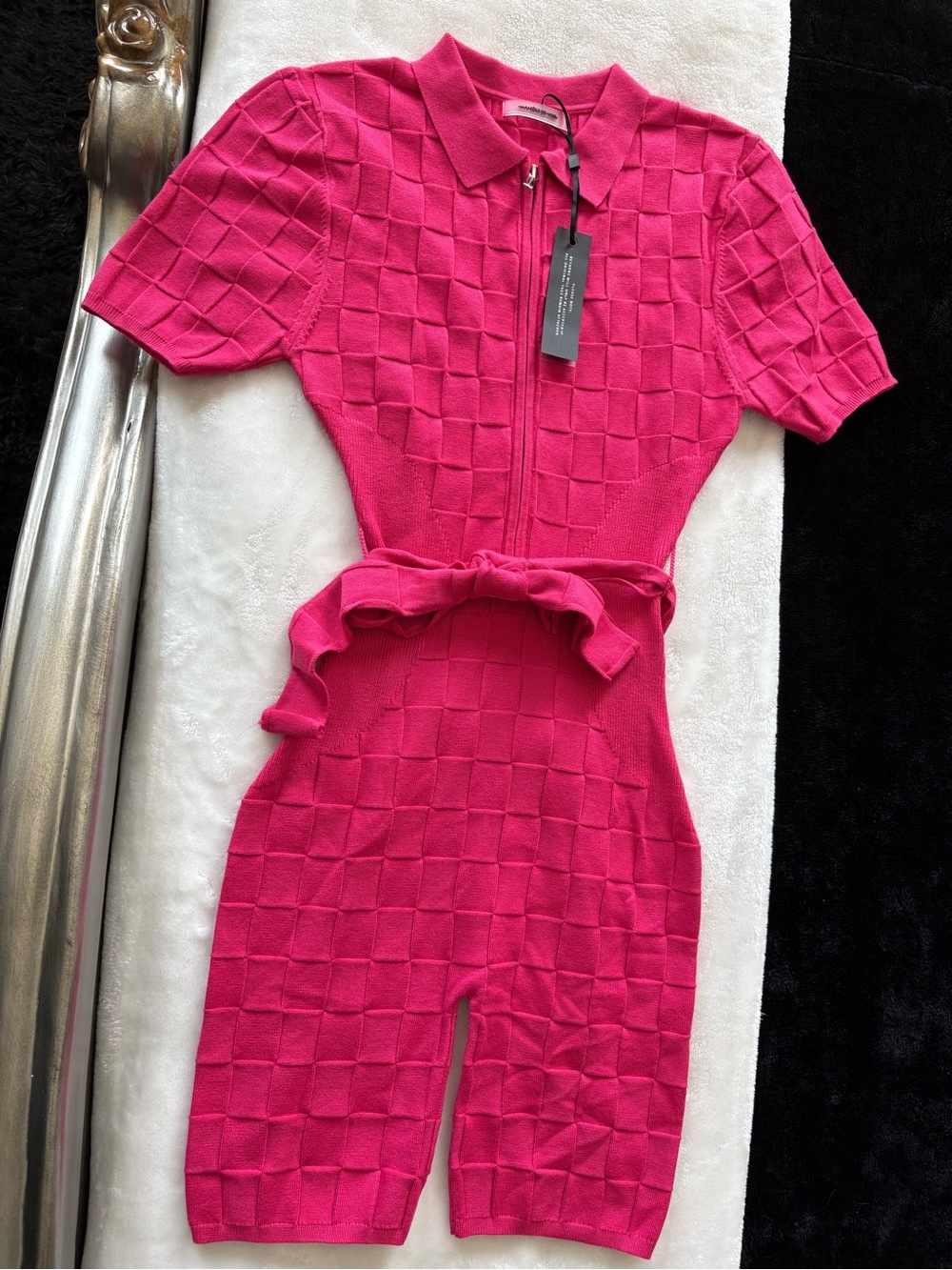 Maniere De Voir Vibrant Fuchsia Textured Zip Romper